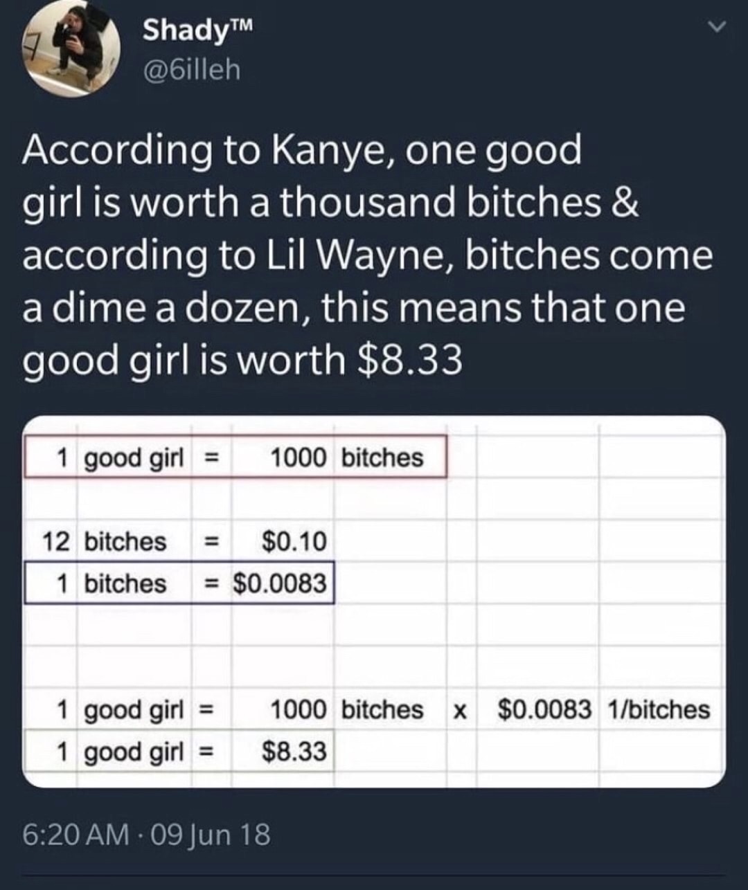 dank memes - software - ShadyTM According to Kanye, one good girl is worth a thousand bitches & according to Lil Wayne, bitches come a dime a dozen, this means that one good girl is worth $8.33 1 good girl 1000 bitches 12 bitches 1 bitches $0.10 $0.0083 x