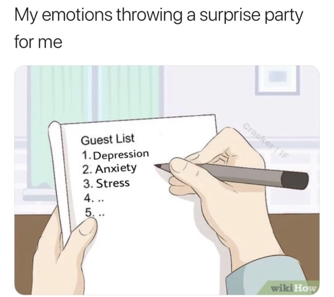 dank memes - hand - My emotions throwing a surprise party for me Cracker If Guest List 1. Depression 2. Anxiety 3. Stress 4. .. 5. .. wikiHow