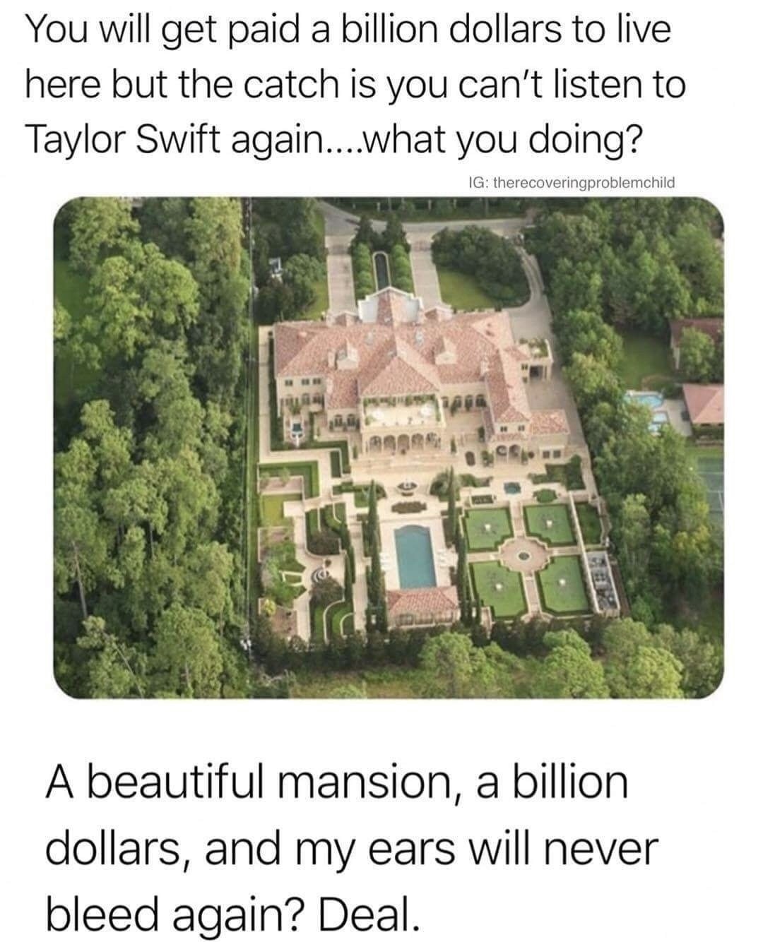 dank memes - most expensive house in houston - You will get paid a billion dollars to live here but the catch is you can't listen to Taylor Swift again....what you doing? Ig therecoveringproblemchild A beautiful mansion, a billion dollars, and my ears wil