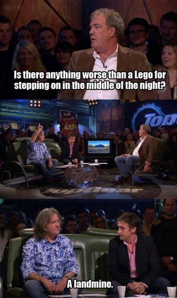 Top gear meme about how a landmine is the only thing worse to step on than a lego