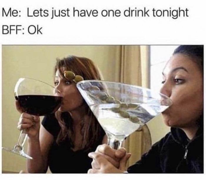 let's just have one drink meme - Me Lets just have one drink tonight Bff Ok