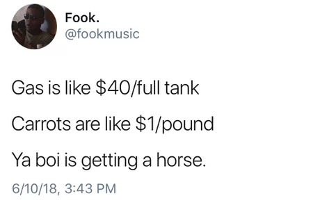 Fook. Gas is $40full tank Carrots are $1pound Ya boi is getting a horse. 61018,