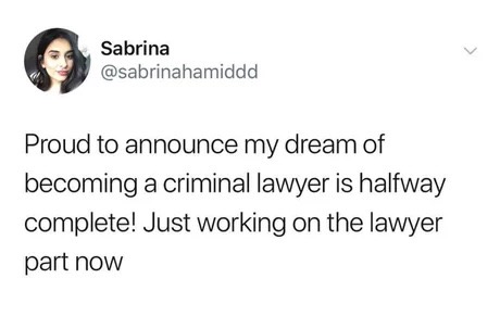 dump relatable memes - Sabrina Proud to announce my dream of becoming a criminal lawyer is halfway complete! Just working on the lawyer part now