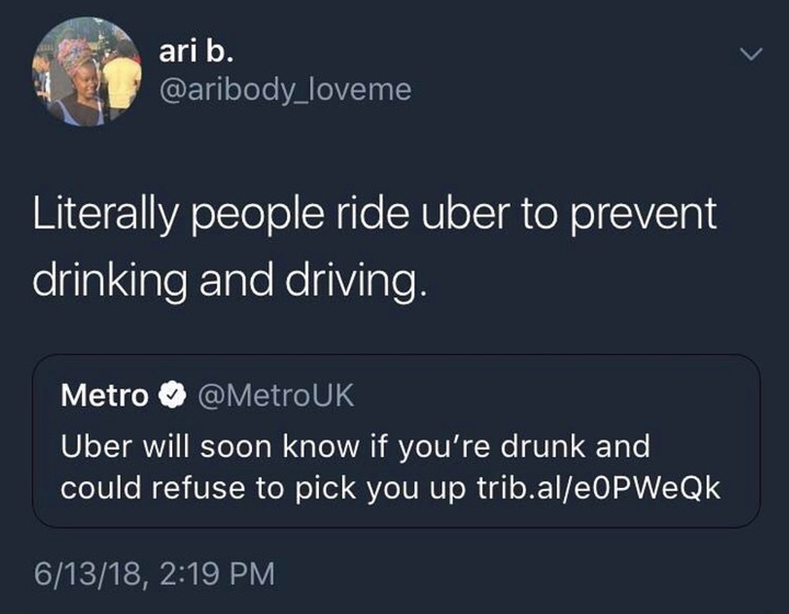 presentation - ari b. Literally people ride uber to prevent drinking and driving. Metro Uber will soon know if you're drunk and could refuse to pick you up trib.aleOPWeQk 61318,