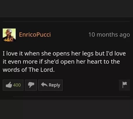 multimedia - Enrico Pucci 10 months ago I love it when she opens her legs but I'd love it even more if she'd open her heart to the words of the Lord. 400