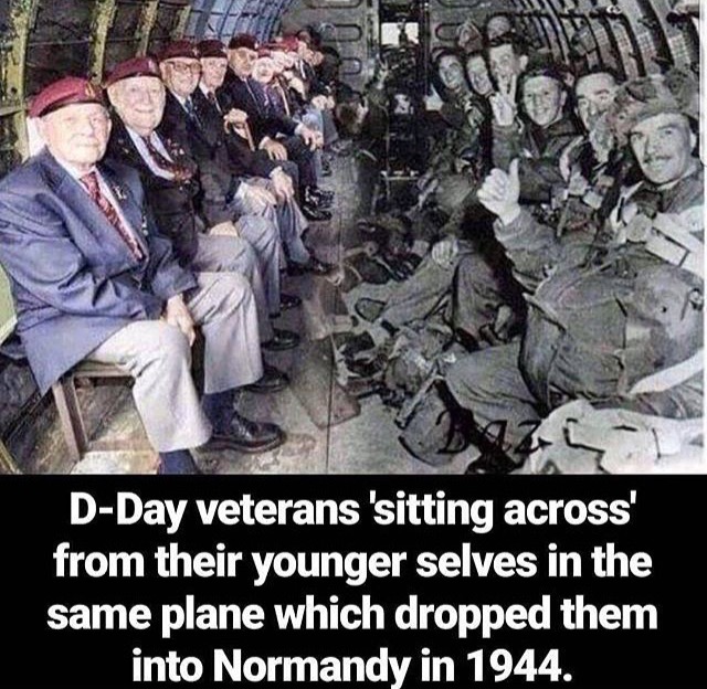 d day memes - 'DDay veterans 'sitting across' from their younger selves in the same plane which dropped them into Normandy in 1944.