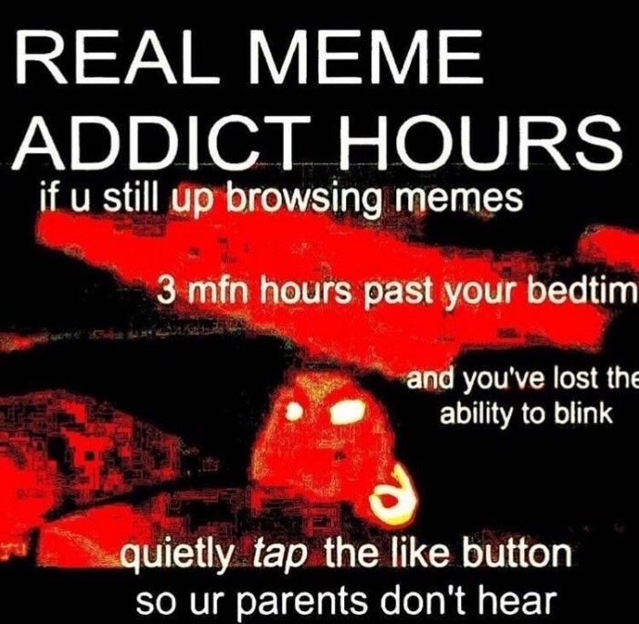 photo caption - Real Meme Addict Hours if u still up browsing memes 3 mfn hours past your bedtim and you've lost the ability to blink quietly tap the button so ur parents don't hear