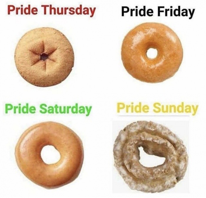 gay pride donut meme - Pride Thursday Pride Friday Pride Saturday Pride Sunday