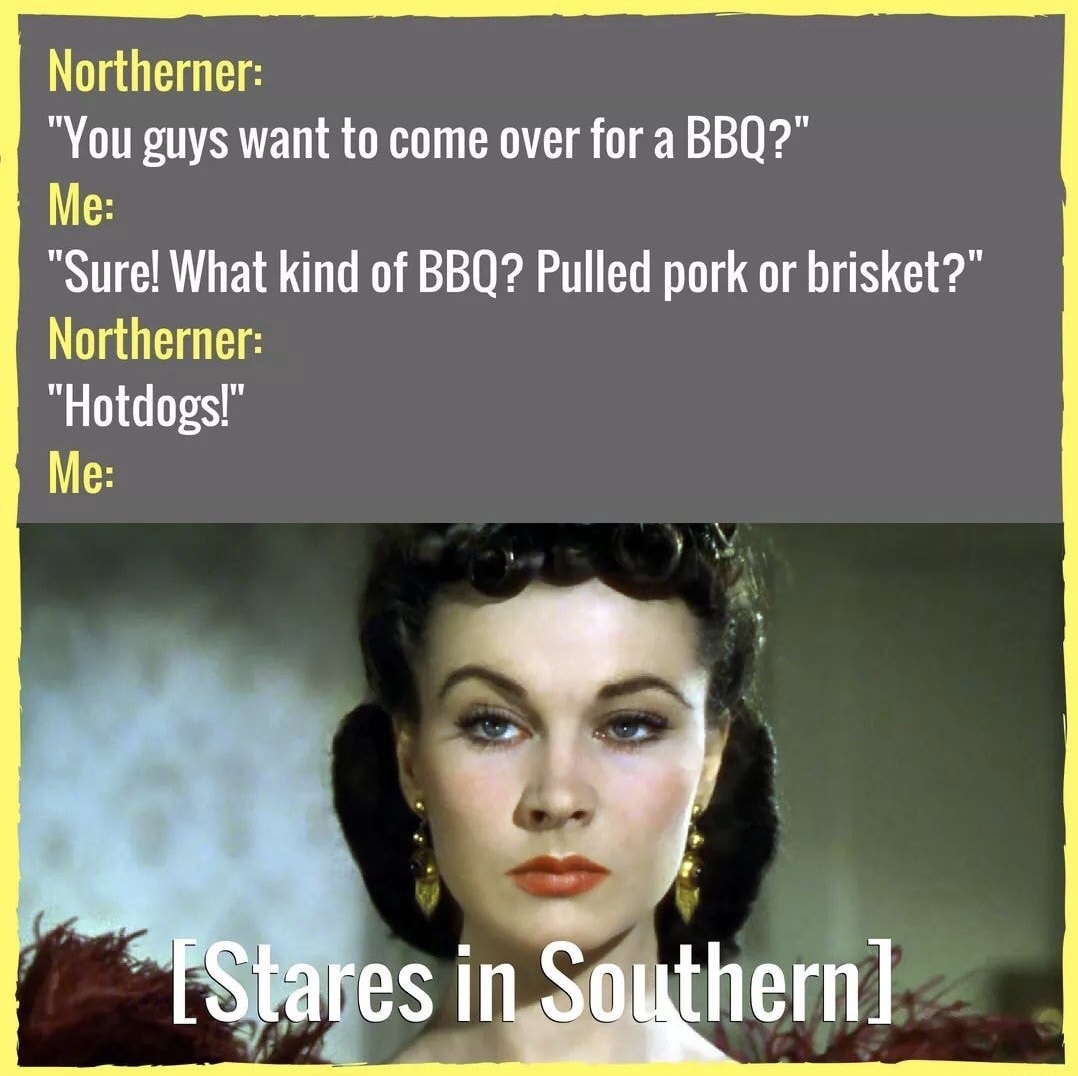 stares in southern meme - Northerner "You guys want to come over for a Bbq?" Me "Sure! What kind of Bbq? Pulled pork or brisket?" Northerner "Hotdogs!" Me Stares in Southern