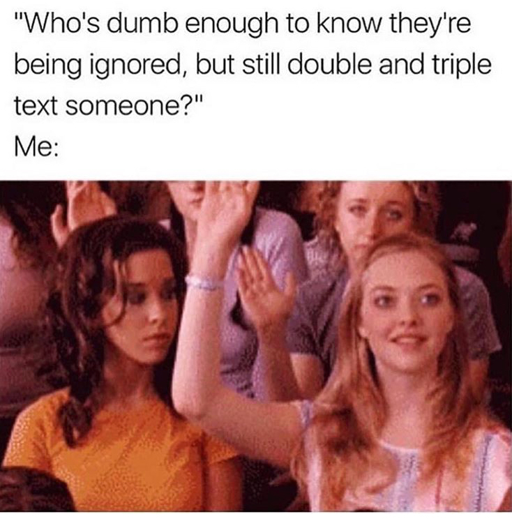 being ignored funny memes - "Who's dumb enough to know they're being ignored, but still double and triple text someone?" Me