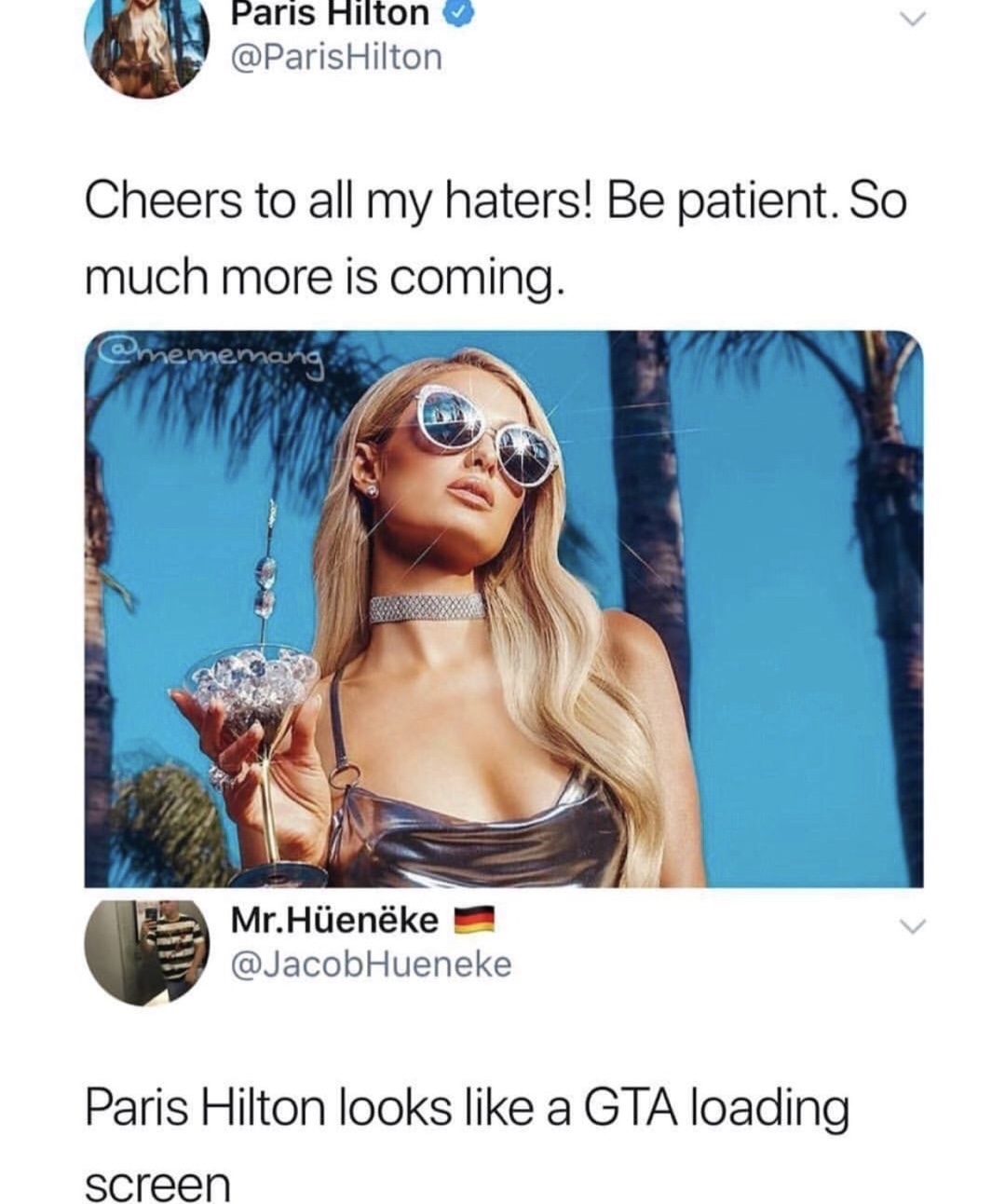 Dank meme pointing out that Paris Hilton looks like a GTA loading screen in this picture