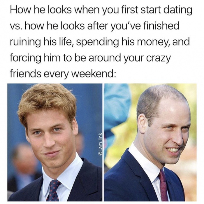 Meme of Prince williams with hair a decade ago and bald now with caption of how he looks when you start dating VS after you finished ruining his life and spending his money