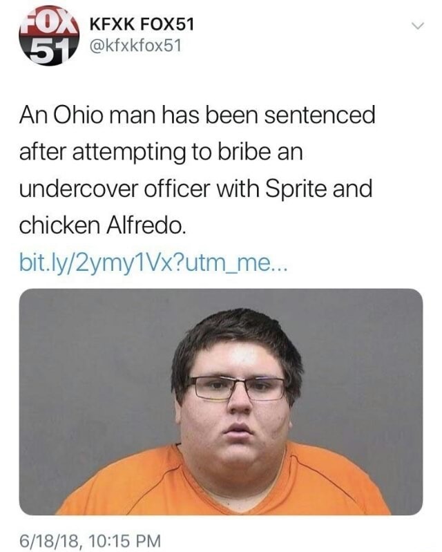 Ohio man tried to bribe undercover officer with Sprite and Chicken Alfredo