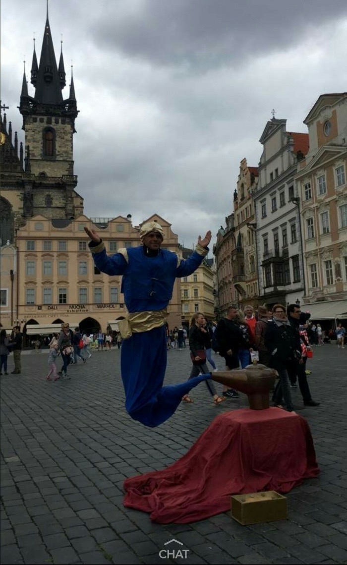 Street performer in Europe that looks like a Genie coming out of a lamp