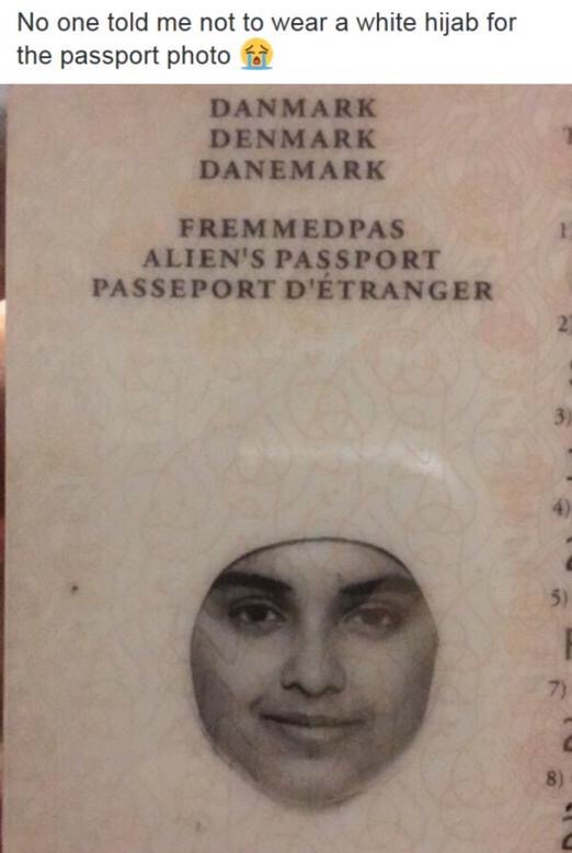 memes - jaw - No one told me not to wear a white hijab for the passport photo 77 Danmark Denmark Danemark Fremmedpas Alien'S Passport Passeport D'Tranger