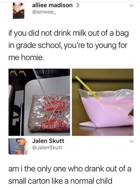 memes - bagged milk meme - alliee madison if you did not drink milk out of a bag in grade school, you're to young for me homie. K Dagold Barigold Jalen Skutt Skutt am i the only one who drank out of a small carton a normal child