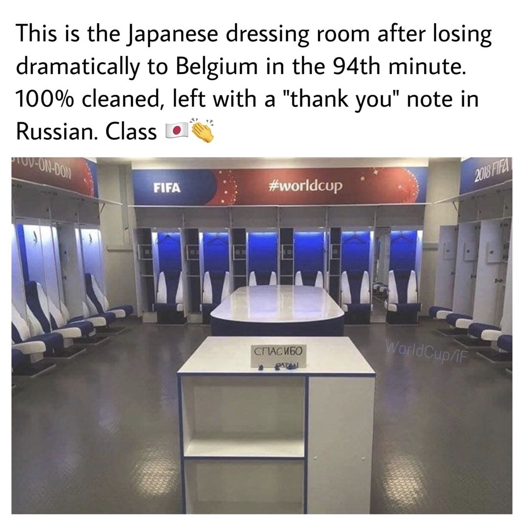 japan world cup changing room - This is the Japanese dressing room after losing dramatically to Belgium in the 94th minute. 100% cleaned, left with a "thank you" note in Russian. Class TuvOnDon 2018 Fifa Fifa WorldCupiF
