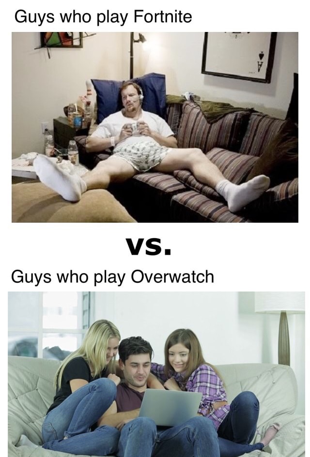 memes - girl and guy hugging on couch - Guys who play Fortnite Vs. Guys who play Overwatch