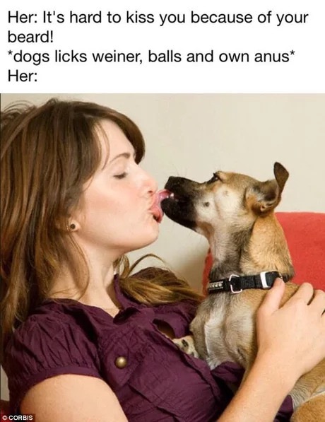 meme beard dog kiss - Her It's hard to kiss you because of your beard! dogs licks weiner, balls and own anus Her Corbis