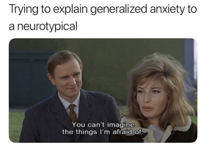 neurotypical memes - Trying to explain generalized anxiety to a neurotypical You can't imagine the things I'm afraid of.