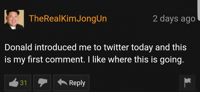 presentation - TheRealKimJongUn 2 days ago Donald introduced me to twitter today and this is my first comment. I where this is going. 31