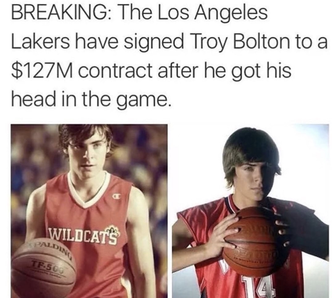 fake right break left - Breaking The Los Angeles Lakers have signed Troy Bolton to a $127M contract after he got his head in the game. Wildcat'S Pald Tf503