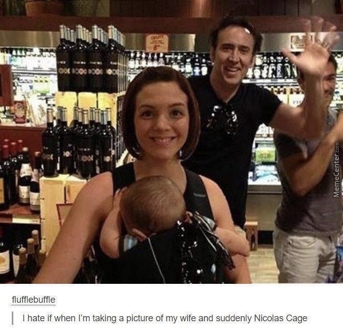 boob photobomb - Pun MemeCenter.com flufflebuffle I hate if when I'm taking a picture of my wife and suddenly Nicolas Cage