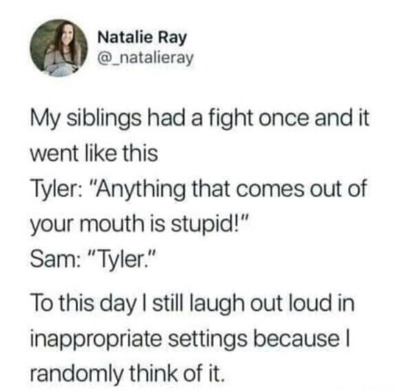 dank memes - everything that comes out your mouth is stupid meme - Natalie Ray My siblings had a fight once and it went this Tyler "Anything that comes out of your mouth is stupid!" Sam "Tyler." To this day I still laugh out loud in inappropriate settings