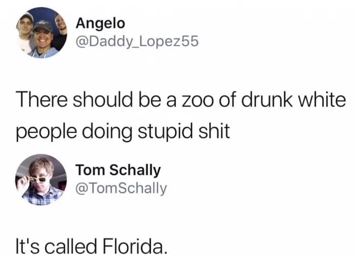 memes - funny twitter responses - Angelo There should be a zoo of drunk white people doing stupid shit Tom Schally Schally It's called Florida.