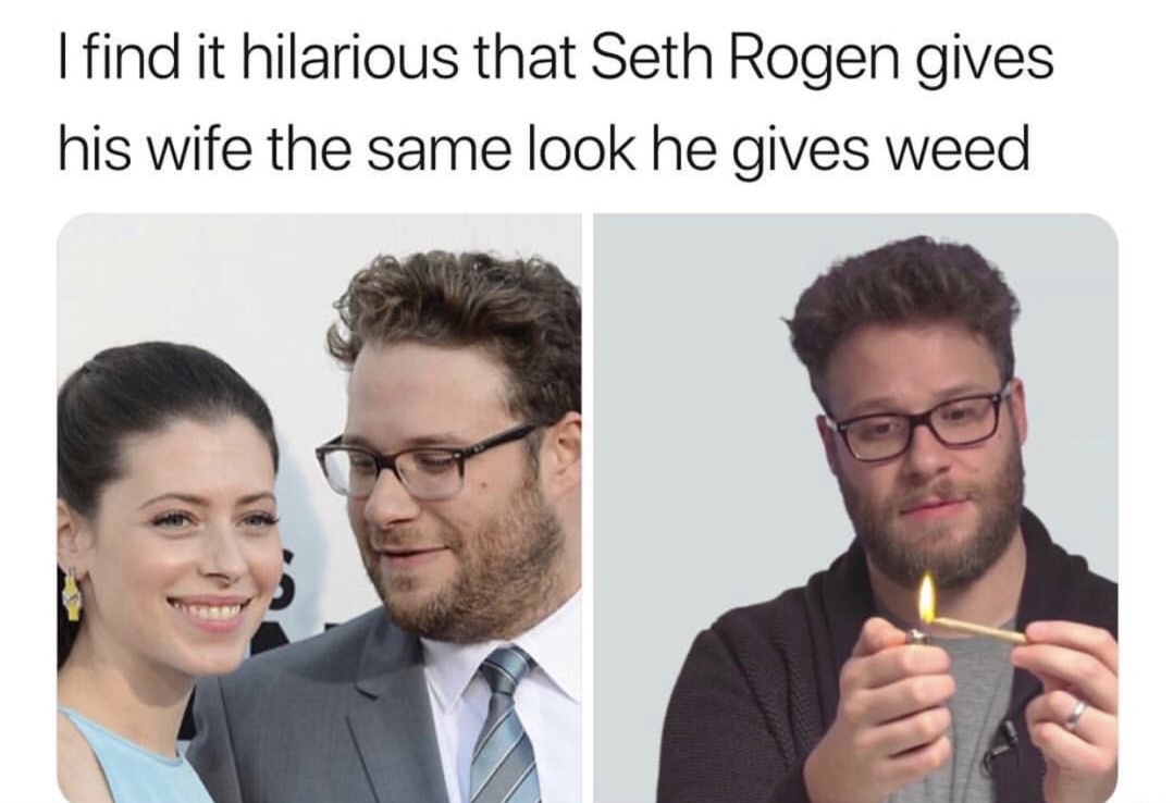 seth rogen looks at wife and weed - I find it hilarious that Seth Rogen gives his wife the same look he gives weed