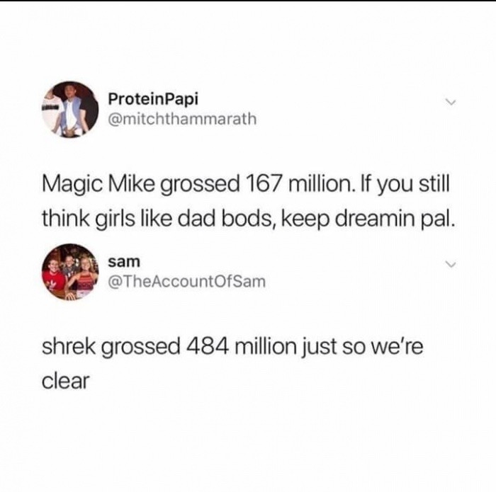 document - Protein Papi Magic Mike grossed 167 million. If you still think girls dad bods, keep dreamin pal. li sam shrek grossed 484 million just so we're clear