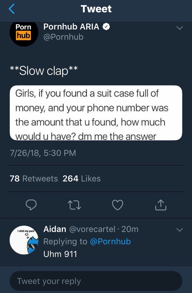 screenshot - Tweet Porn hub Pornhub Aria Slow clap Girls, if you found a suit case full of money, and your phone number was the amount that u found, how much would u have? dm me the answer 72618, 78 264 o 27 I I shid my pant Aidan 20m Uhm 911 Tweet your