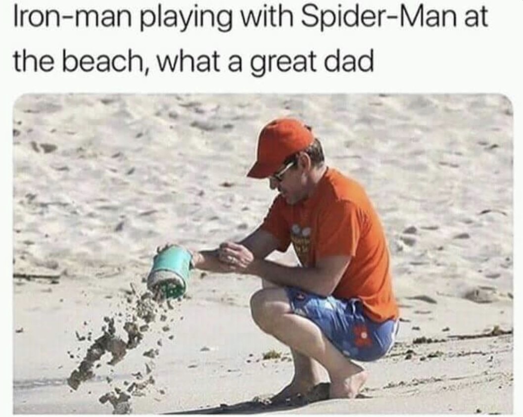 memes - tony stark playing with peter parker - Ironman playing with SpiderMan at the beach, what a great dad