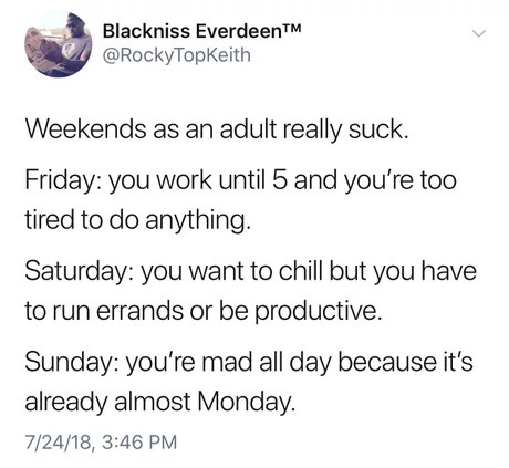 memes - Blackniss Everdeen" Weekends as an adult really suck. Friday you work until 5 and you're too tired to do anything. Saturday you want to chill but you have to run errands or be productive. Sunday you're mad all day because it's already almost Monda