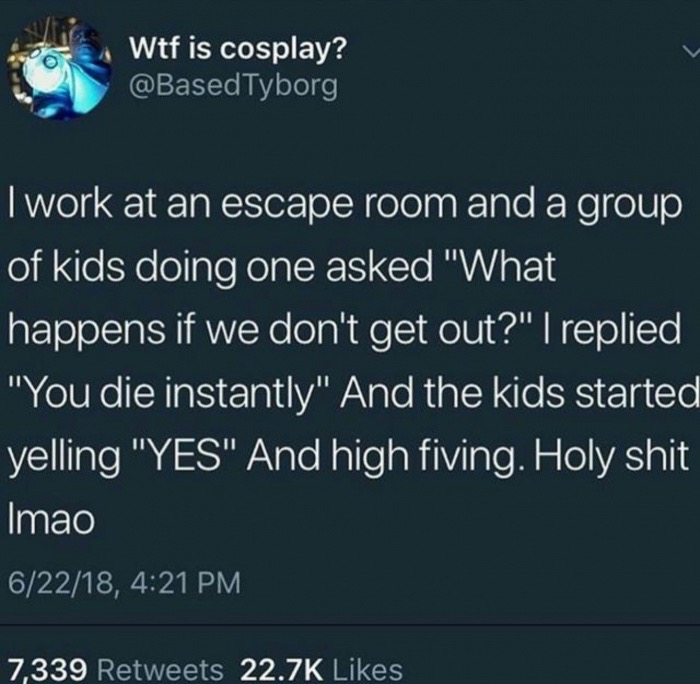 memes - gcse english literature paper 2 memes - Wtf is cosplay? Tyborg I work at an escape room and a group of kids doing one asked "What happens if we don't get out?" I replied, "You die instantly" And the kids started yelling "Yes" And high fiving. Holy