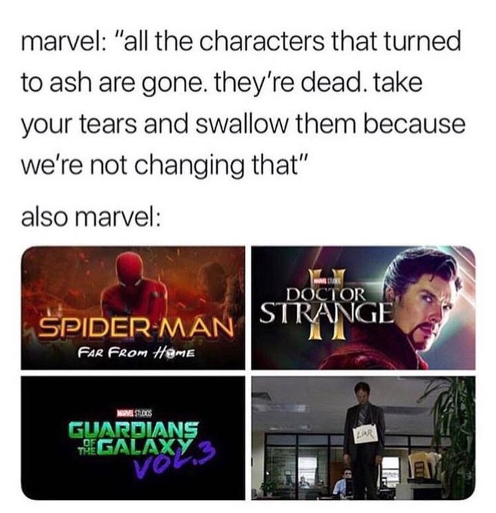 james gunn memes - marvel "all the characters that turned to ash are gone. they're dead. take your tears and swallow them because we're not changing that" also marvel Doctor SpiderMan Strange Far From Home M Estlocs Guardians Togalaxy