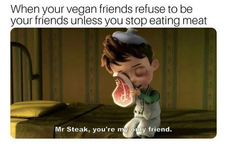 memes - mr steak you re my only friend - When your vegan friends refuse to be your friends unless you stop eating meat Mr Steak, you're my only friend.
