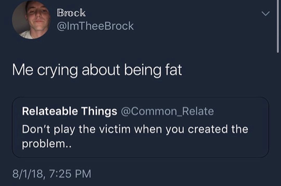I Thee Brock makes a joke about crying about being fat as an example of playing the victim for a preventable problem.