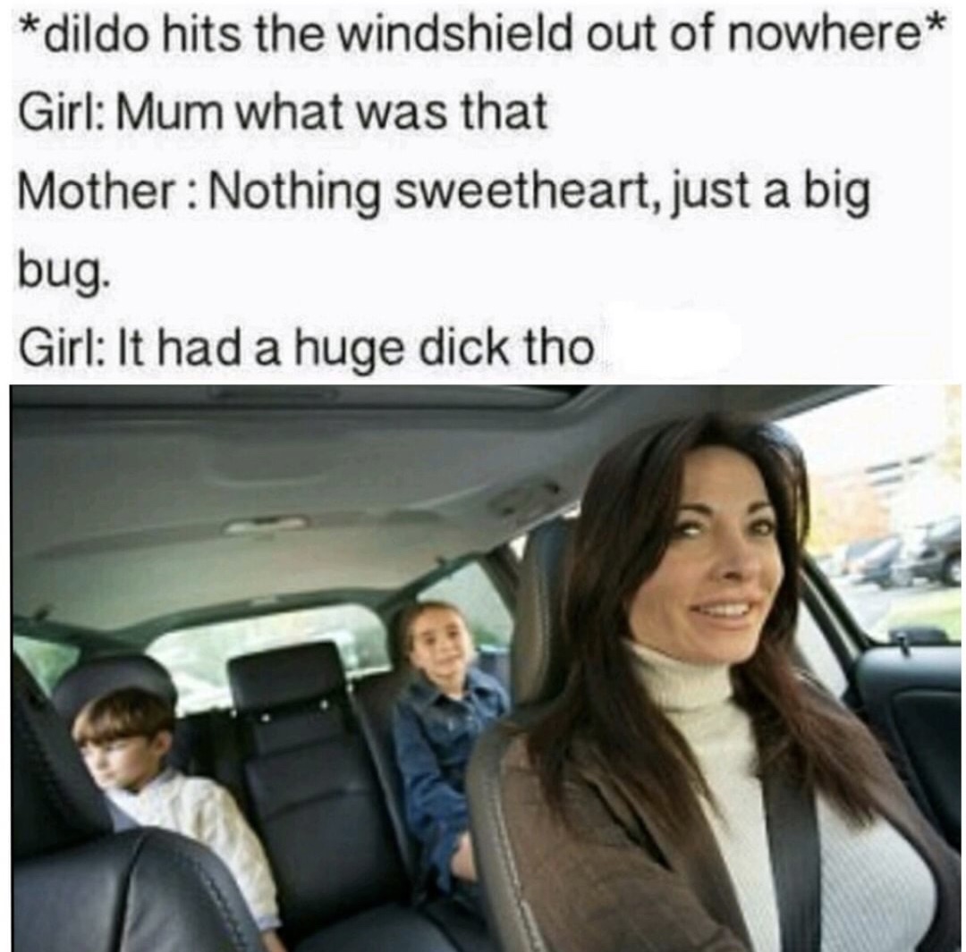 memes - mom driving kids to school - dildo hits the windshield out of nowhere Girl Mum what was that Mother Nothing sweetheart, just a big bug. Girl It had a huge dick tho