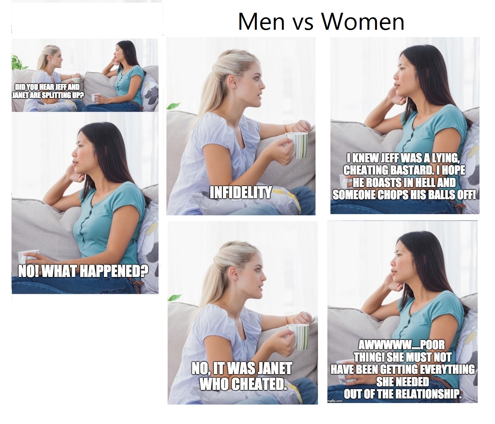 memes - sitting - Men vs Women Did You Hear Jeff And Janetare Shutting P2 I Knew Jeff Was A Lying, Cheating Bastard. I Hope He Roasts In Hell And Someone Chops His Balls Offi Infidelity Noi What Happened? No, It Was Janet Who Cheated AWWWWW_POOR Thingi Sh