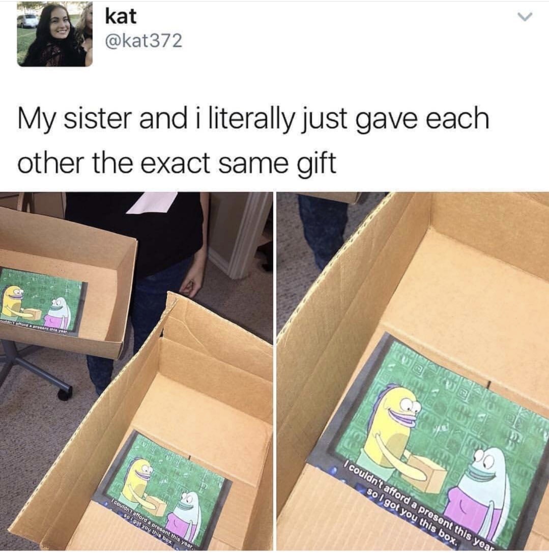 memes - box - kat My sister and i literally just gave each other the exact same gift I couldn't afford a present this year? so I got you this box. couldn't afford a present this year sol got you this box.
