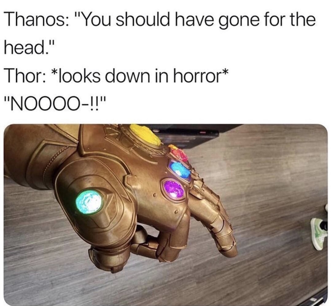 memes - thanos gottem - Thanos "You should have gone for the head." Thor looks down in horror "NOO00!!"