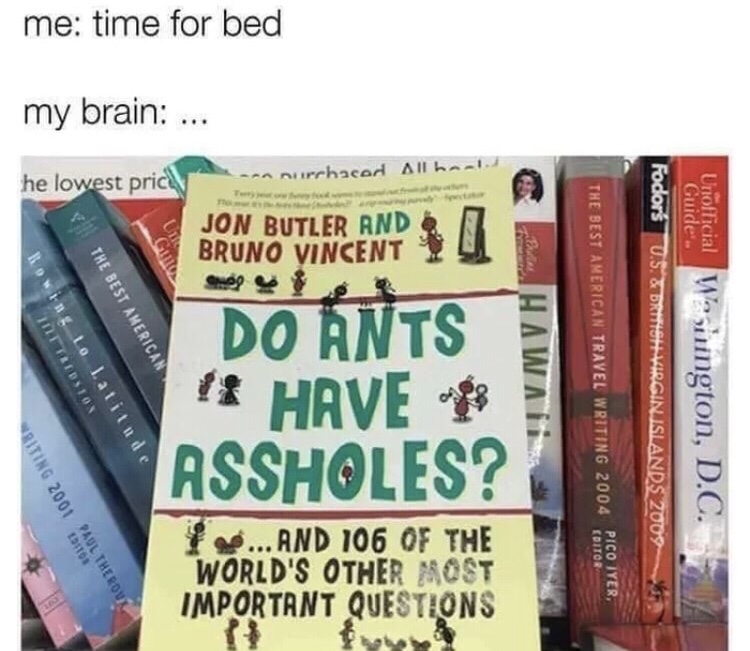 memes - me time for bed my brain ... he lowest prich murchased Allan Cm Jon Butler And Bruno Vincent 2 Unofficial The Best American Tileridion Lo Latitude Do Ants 1 Have en Assholes? The Best American Travel Writing 2004 Fodors U.S. & British Virginjsland
