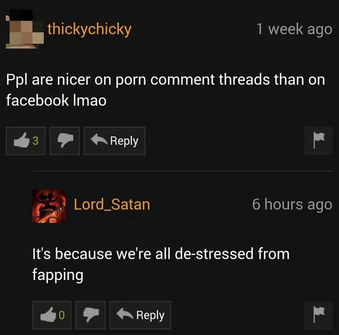 memes - multimedia - thickychicky 1 week ago Ppl are nicer on porn comment threads than on facebook Imao Lord_Satan 6 hours ago It's because we're all destressed from fapping