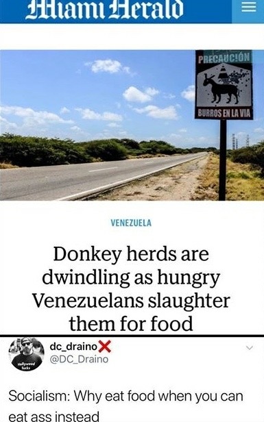 memes - sky - Miami Herald Precaucion Burros En La Via Venezuela Donkey herds are dwindling as hungry Venezuelans slaughter them for food dc_draino X Socialism Why eat food when you can eat ass instead
