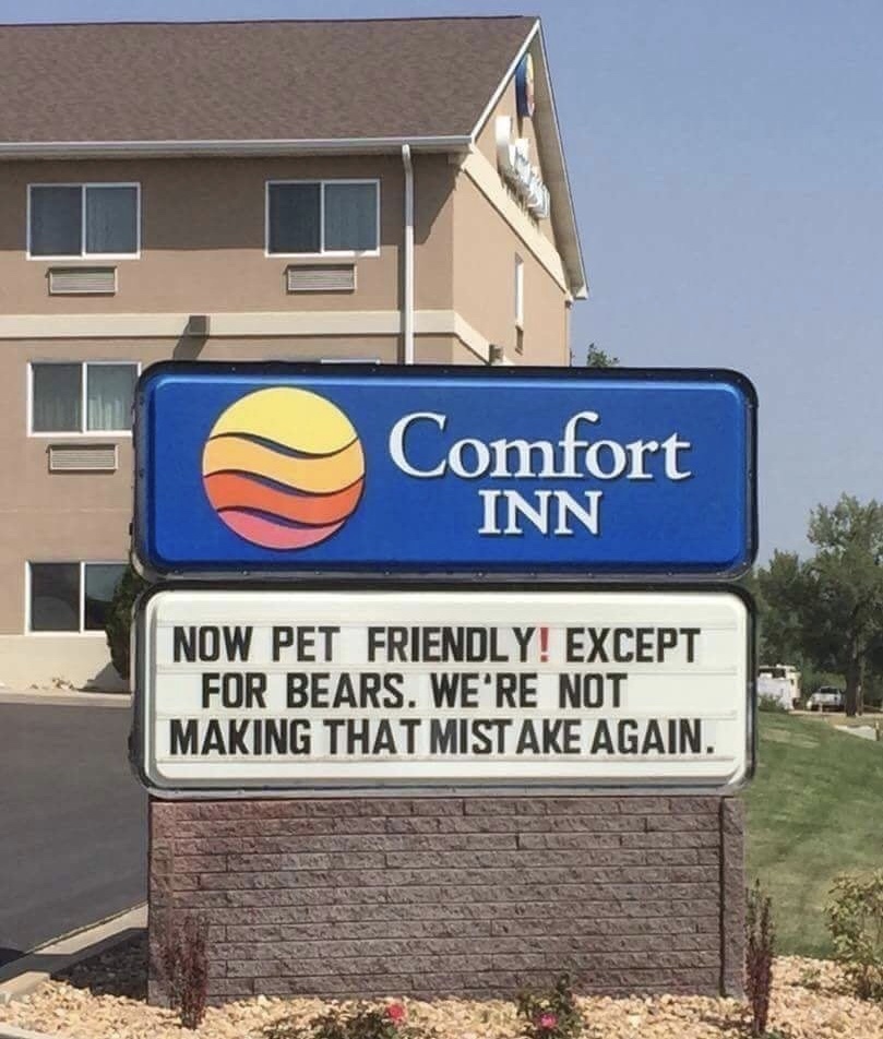dank funny sign - Comfort Inn Now Pet Friendly! Except For Bears. We'Re Not Making That Mistake Again.