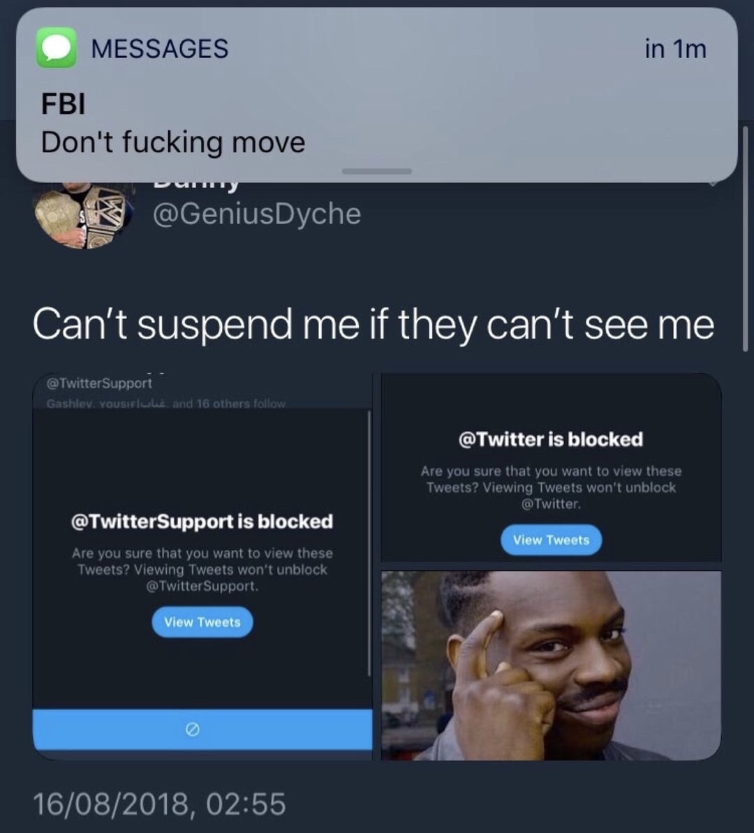 memes - dont fuckung moce meme - in 1m Messages Fbi Don't fucking move Can't suspend me if they can't see me Gashlev. Yousif ulaz and 16 others is blocked Are you sure that you want to view these Tweets? Viewing Tweets won't unblock is blocked View Tweets