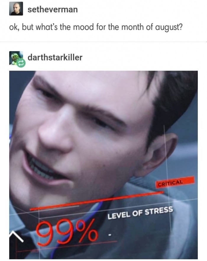 dank meme of level of stress 99 - setheverman ok, but what's the mood for the month of august? darthstarkiller Critical Level Of Stress