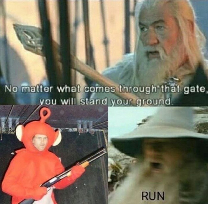 memes - todd howard in teletubbies with shotgun - No matter what comes through that gate, you will stand your ground Run