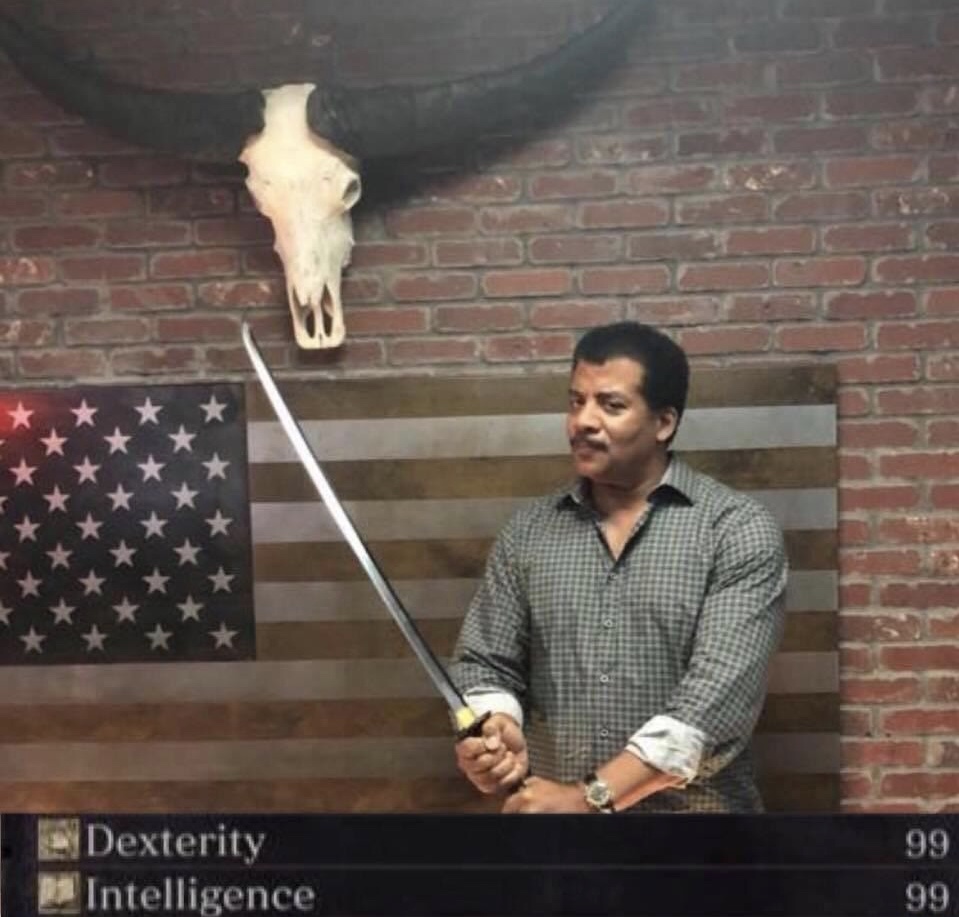 Sunday meme of Neil Degrasse Tyson with 99 dexterity and 99 intelligence